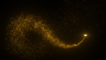 Bright flying sparks of particles, spinning in a circle, follow the flashing star.の写真素材