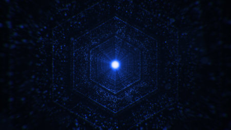 Travel through abstract technology digital LED tunnel from dots. Glowing backgroundの写真素材