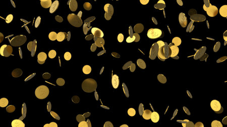 Falling coins or money golden rain backgroundの写真素材