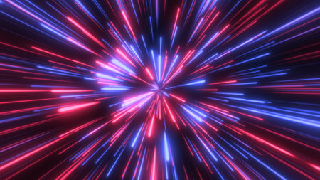 Through space, starfield. Abstract particles, neon rays background.の写真素材