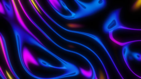 Futuristic iridescent holographic waves. Metallic foil background. Neon colors wavy surfaceの写真素材