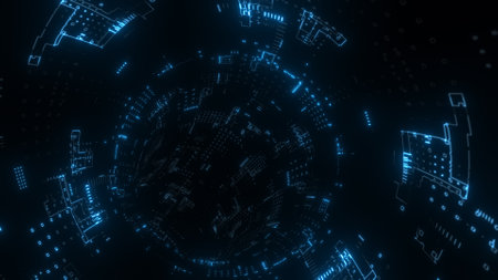 Travel through abstract technology digital tunnel, pipe. circle shape. Glowing backgroundの写真素材