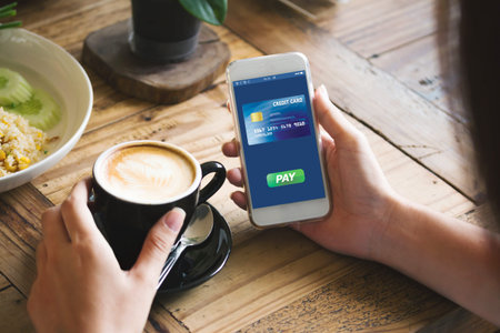 cafe making show shopping transfer payment through smartphone app Mobile Payment with NFC technology...