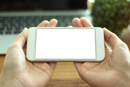 Mockup image of hands cafe making show shopping transfer payment through smartphone app Mobile...