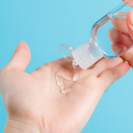 bottle alcohol clean with hand sanitiser liquid bottle . concenpt protection sanitiser tool protect corona virus on turqouise isolated backgroundの写真素材