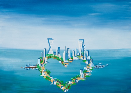 island in the shape of a heart with an unusual structure, gouache illustrationの写真素材
