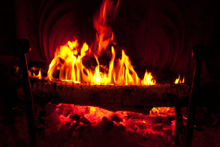 burning log in the fireplace