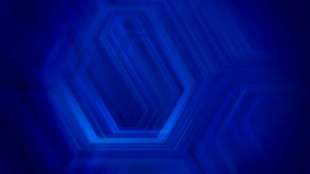 Dark blue background with blurry abstract hexagonal lines.の写真素材