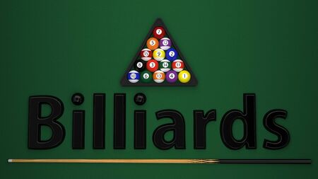 billiard balls on green table (3d rendering)の写真素材