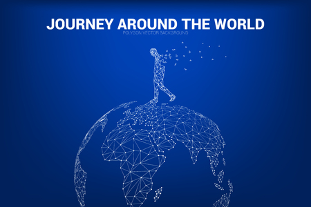 Man walk on 3D world map Globe wireframe polygon dot connect line: concept of travel , world connectionのイラスト素材