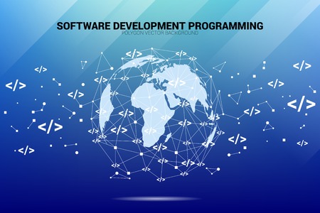 World Globe with development programming tag polygon dot connected line. Concept for Programming language technology and coding.のイラスト素材