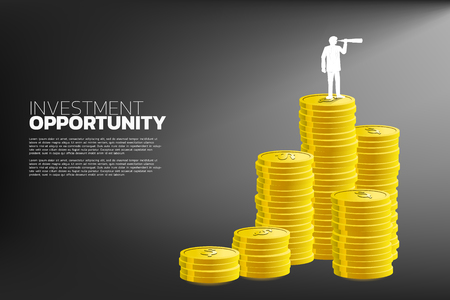 Silhouette of businessman with telescope stand on money looking forward. Concept of business investment opportunityのイラスト素材