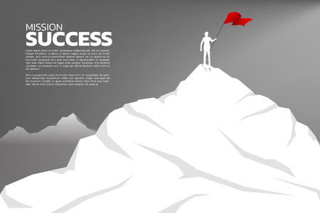 silhouette of businessman with the red flag standing on the top of mountain. Concept of Goal, Mission, Vision, Success in Career path.のイラスト素材