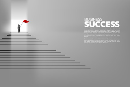 silhouette of businessman with the red flag standing at the door on the top of stair. Concept of growth business, Success in Career path.のイラスト素材