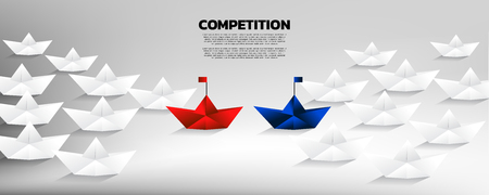Battle of red and blue origami paper ship with group of white. Business Concept of competition and battle.のイラスト素材