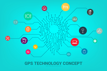 Location Pin mark icon and place around with circuit line graphic, concept of location and facility place , GPS technologyのイラスト素材