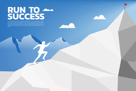 Silhouette of businessman running to top of mountain. Concept of Goal, Mission, Vision, Career path, Polygon dot connect line styleのイラスト素材