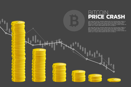 Bit coin price down graph with stack of golden coin. concept of falling down of cryptocurrency marketのイラスト素材