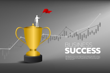 Silhouette of businessman with red flag on champion trophy with graph. Business Concept of award winner and successのイラスト素材