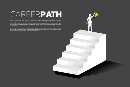 silhouette of businessman with champion trophy on top of stair. Concept of growth business, Success in Career path.のイラスト素材