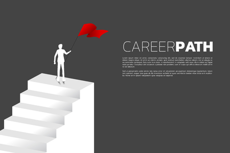 silhouette of businessman with red flag on top of stair. Concept of growth business, Success in Career path.のイラスト素材