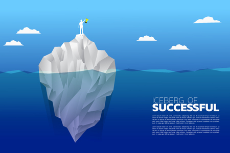 silhouette of businessman with champion trophy on top of iceberg. Concept of growth business, Success in Career path.のイラスト素材