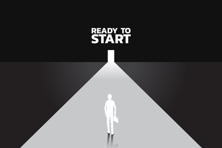 Silhouette of businessman with briefcase step forward to outside the door. Concept of people ready to start career and business. find the way outのイラスト素材