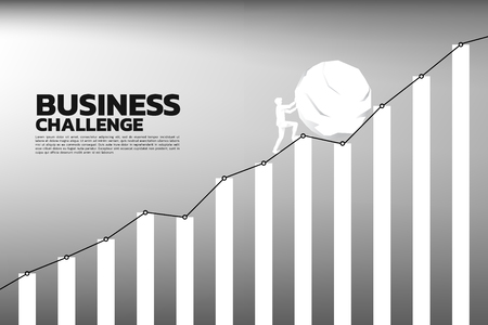 Silhouette of businessman pushing the big rock to the higher graph. concept of business challenge and hard work.のイラスト素材