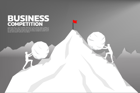 Silhouette of two businessman pushing the big rock to the top of mountain from opposite site. concept of business challenge and hard work.のイラスト素材