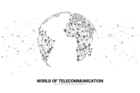 Vector Polygon line connect mobile data and wireless icon signage shape the world map. Concept for world telecommunication.のイラスト素材