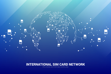 Vector Polygon sim card network connect line to world map shape. Concept for international sim card service and network.のイラスト素材