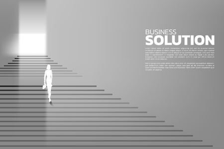 Silhouette of businesswomen with briefcase step up on stair to exit the door. Concept of people ready to up level of career and business solution.のイラスト素材
