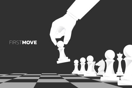 close up hand move pawn chess piece to start game. concept of first move business strategy and marketing plan.のイラスト素材