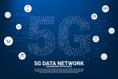 5G mobile networking from dot and line circuit board graphic style. Concept for mobile sim card technology and network.のイラスト素材