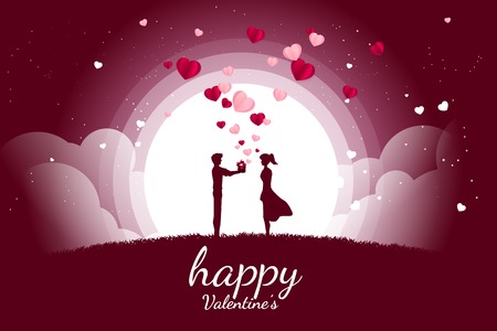 man give gift box to girlfriend with flying heart. card for valentine's day concept. lover couple love and anniversary theme.のイラスト素材