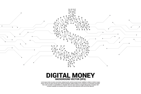 Vector money dollar icon from dot connect line circuit board style. Concept for financial network connection.のイラスト素材