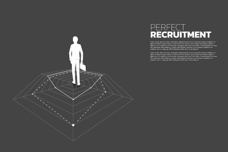 Silhouette of businessman with briefcase standing on spider chart. Concept of perfect recruitment. Human Resource. put the right man on the right job.のイラスト素材