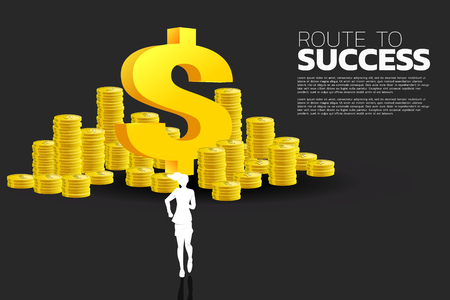 silhouette of businesswoman running to dollar money icon and stack of coin. Concept of success business and Career path.のイラスト素材