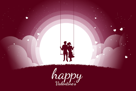 Lover couple siting together on swing in romantic scene with flying heart background. valentine's day and love and anniversary theme.のイラスト素材