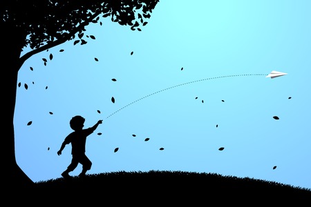 silhouette of boy running to throw out origami paper airplane under the tree. Concept of children play and learn.のイラスト素材