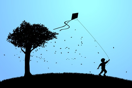 silhouette of boy running with flying kite in the sky with big tree. Concept of children play and learn.のイラスト素材