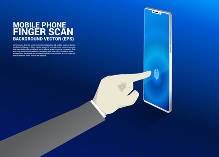 Businessman hand touch finger on Finger scan icon on mobile phone screen. Background concept for security and privation technology on networkのイラスト素材