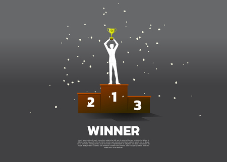Silhouette of businessman with champion trophy on first place podium. Business Concept of winner and successのイラスト素材