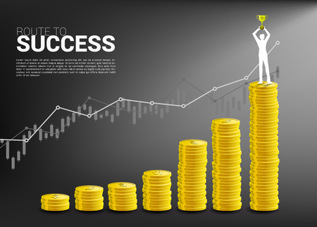 Silhouette of businessman with winner trophy standing on top of and growth graph with stack of coin. Concept of success investment and growth in businessのイラスト素材