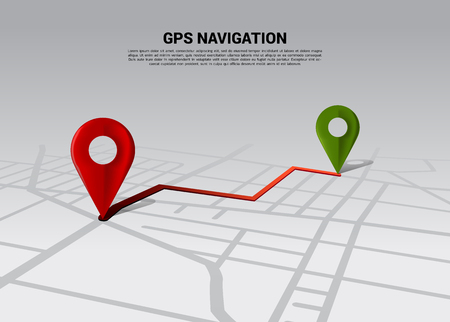 Route between 3D location pin markers on city road map. Concept for GPS navigation system infographic.のイラスト素材