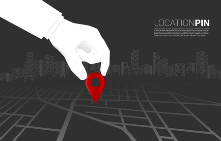 close up hand of businessman place location pin marker on road map. concept of business set up, vision mission and goalのイラスト素材