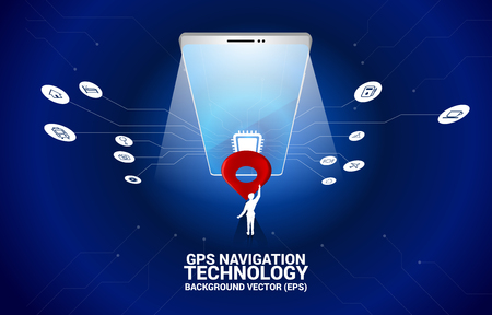 Business man and GPS pin marker location in mobile phone with circuit line graphic. concept of location and facility place , GPS technologyのイラスト素材
