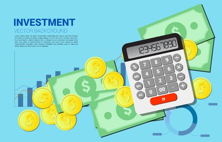 Vector Calculator with stack of coin and bank note top view. Concept for business information investment and accountingのイラスト素材
