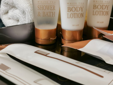 Hotel Shower set with liquid soap, lotion and toothbrush. background from toilet hotel and groomingの写真素材