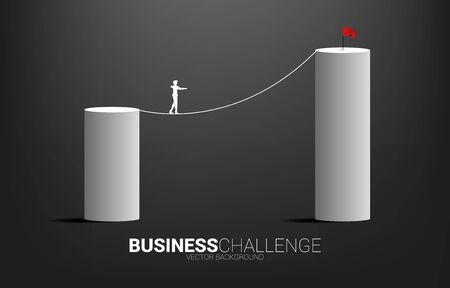 Silhouette of businessman walking on rope walk way to higher bar chart.Concept for business risk and career pathのイラスト素材